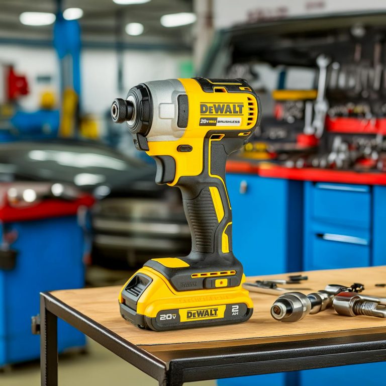 DeWalt power drill in well-equipped workshop showing brushless technology