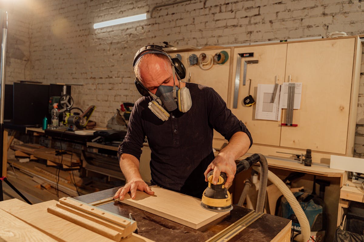 Craftsman sanding wood with power sander in workshop