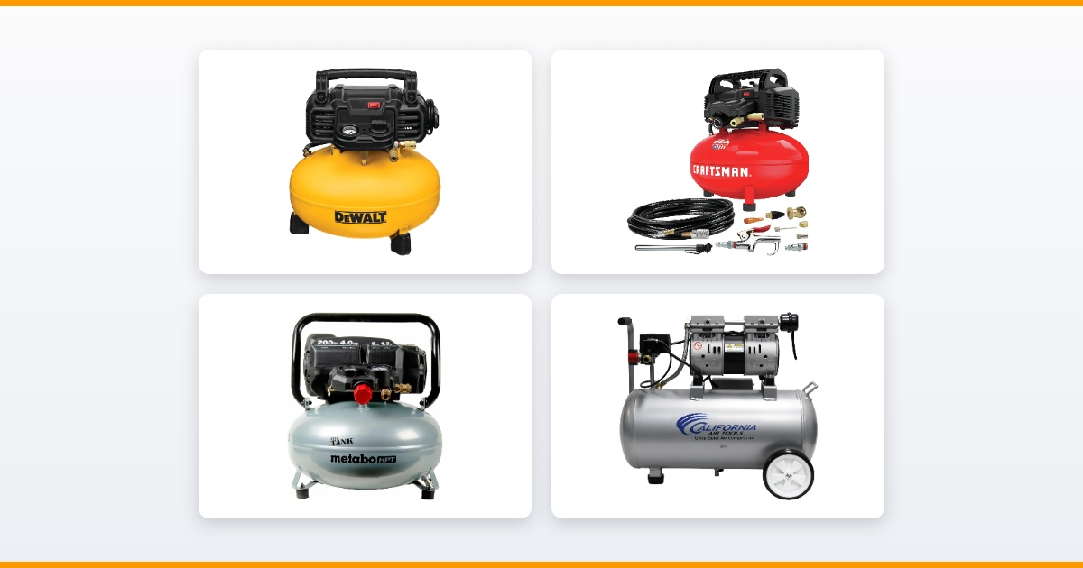 Four of the best portable air compressors of 2026: DEWALT DWFP55126, CRAFTSMAN CMEC6150K, Metabo HPT EC914S and California Air Tools 8010