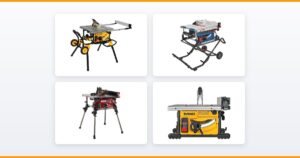 Four portable jobsite table saws compared in 2026: DeWalt DWE7491RS, Bosch GTS15-10, SKIL TS6307-00 and DeWalt DWE7485