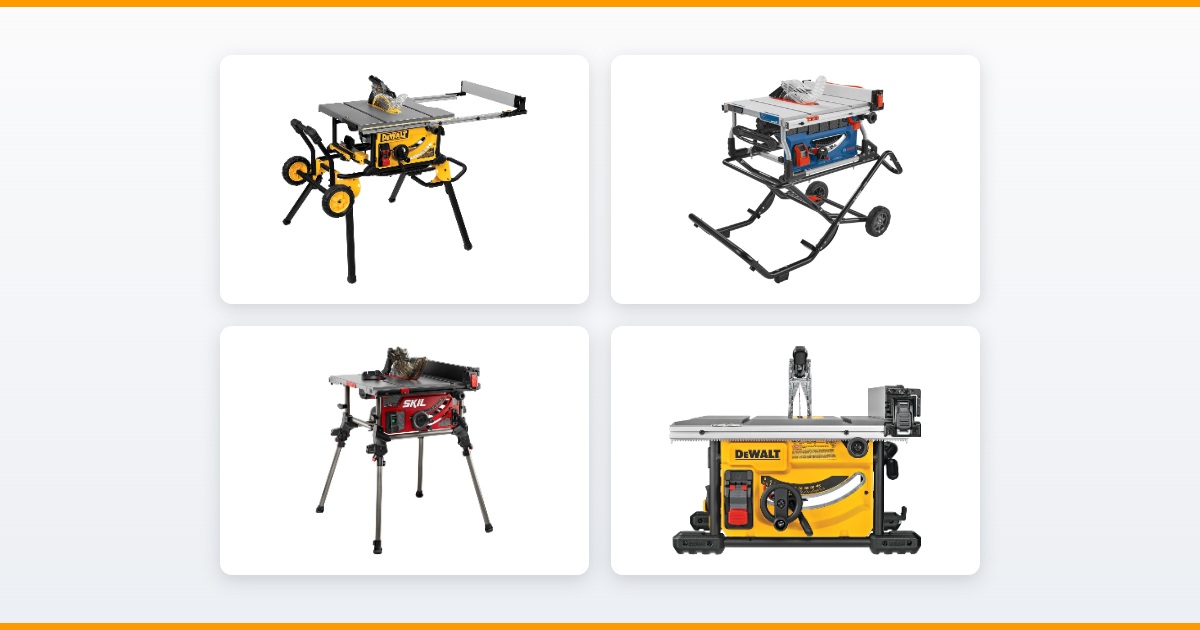 Four portable jobsite table saws compared in 2026: DeWalt DWE7491RS, Bosch GTS15-10, SKIL TS6307-00 and DeWalt DWE7485
