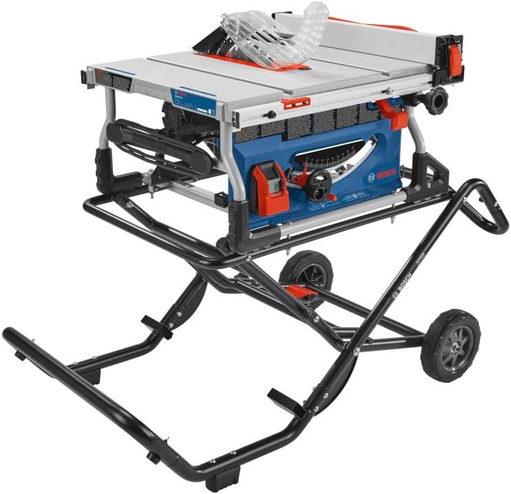 Bosch GTS15-10 portable jobsite table saw on its Gravity-Rise wheeled stand